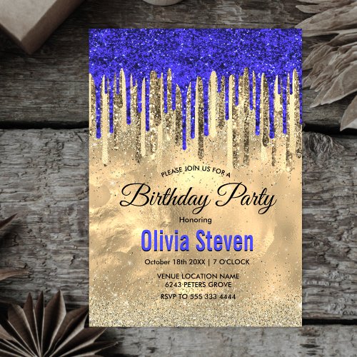 Chic royal blue gold glitter drips monogram invitation