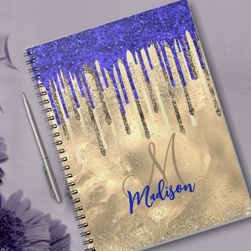 Chic royal blue gold glitter drips monogram notebook