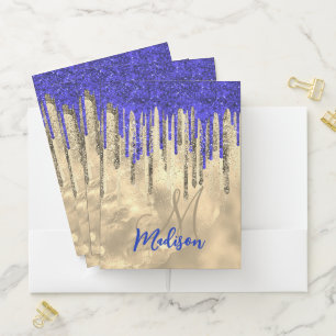 Chic royal blue gold glitter drips monogram pocket folder