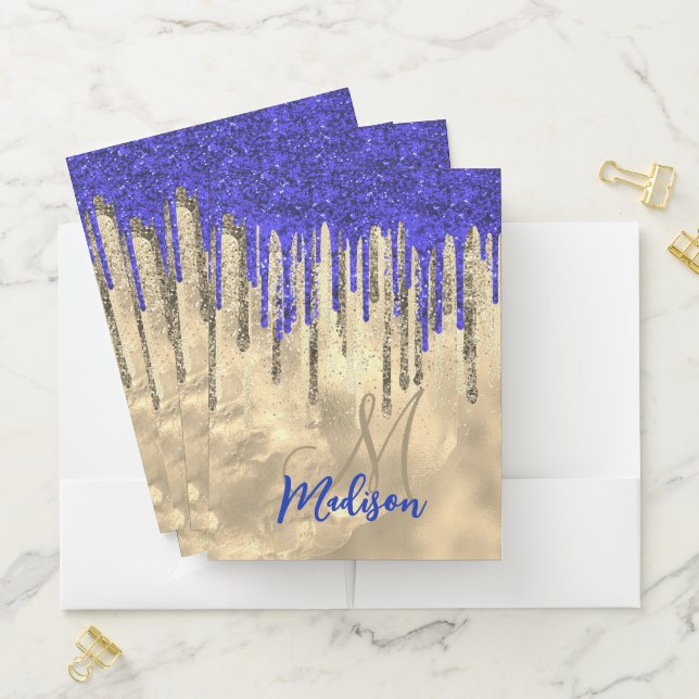 Chic royal blue gold glitter drips monogram pocket folder (In Situ)