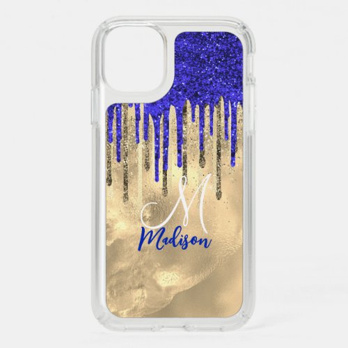 Chic royal blue gold glitter drips monogram speck iPhone 11 case