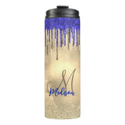 Chic royal blue gold glitter drips monogram thermal tumbler