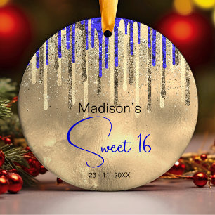 Chic royal blue gold glitter drips sweet 16 ceramic ornament