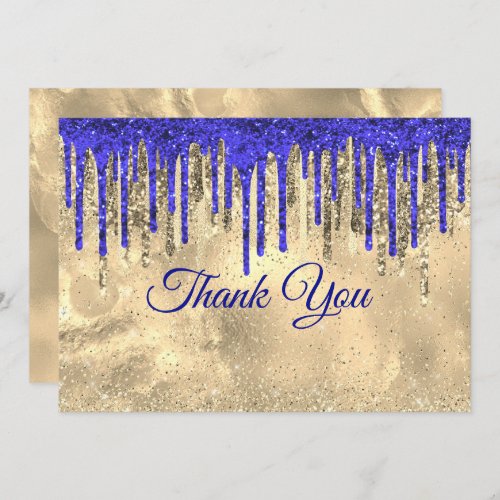 Chic royal blue gold glitter drips thank you card