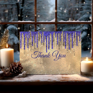 Chic royal blue gold glitter drips thank you card