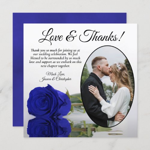 Chic Royal Blue Rose Oval Photo Romantic Wedding Thank You Card