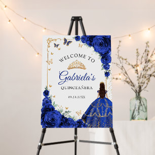 Chic Royal Blue Roses Gold Quinceanera Welcome Foam Board
