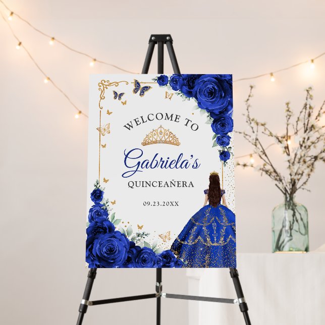 Chic Royal Blue Roses Gold Quinceanera Welcome Foam Board (In Situ (Stand))