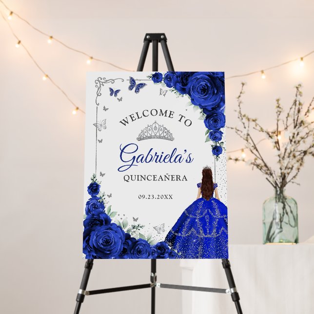 Chic Royal Blue Roses Silver Quinceanera Welcome Foam Board (In Situ (Stand))