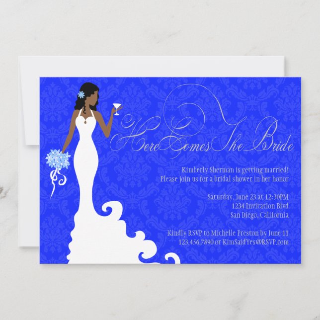 Chic Royal Blue Silver Damask Here Comes the Bride Invitation (Front)