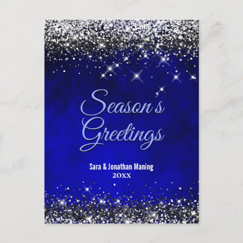 Chic royal blue silver glitter Christmas New Year Postcard
