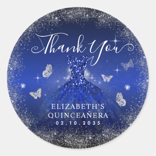 Chic Royal Blue Silver Gown Quinceaera Thank You Classic Round Sticker