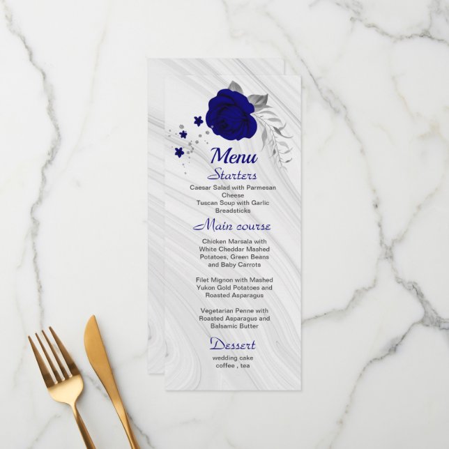 chic royal blue silver gray floral wedding menu (Front/Back In Situ)