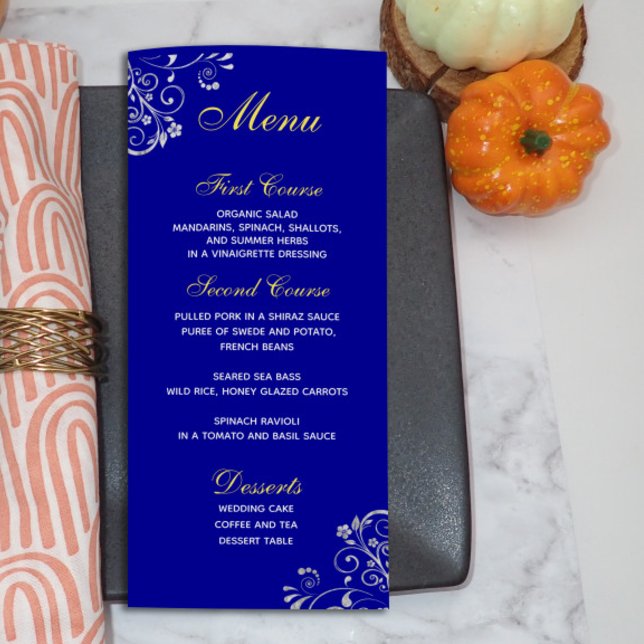 Chic  Royal Blue Silver Swirl Wedding Menu (Creator Uploaded)