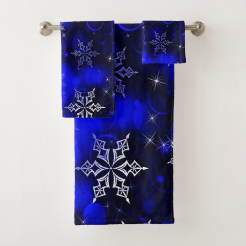 Chic Royal Blue Snowflake Motif Bath Towel Set