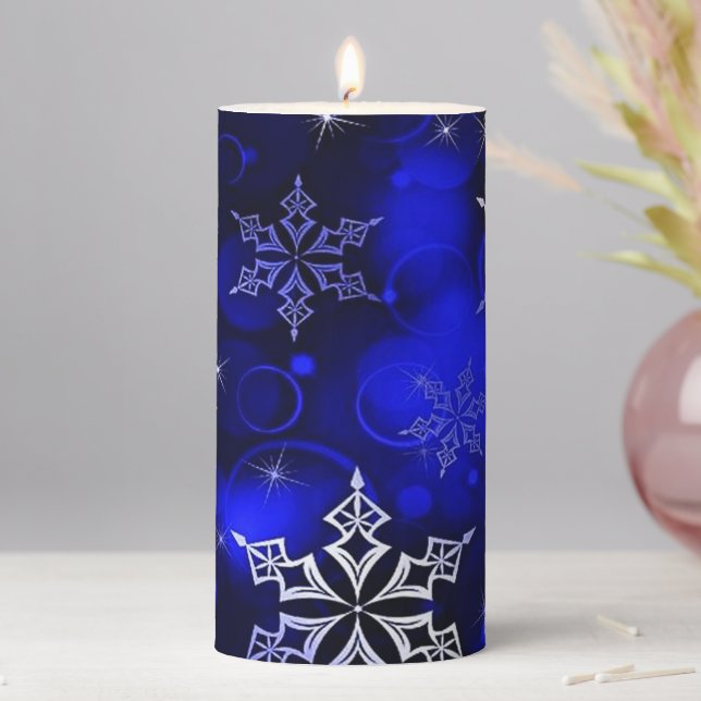 Chic Royal Blue Snowflake Motif Pillar Candle (In Situ)
