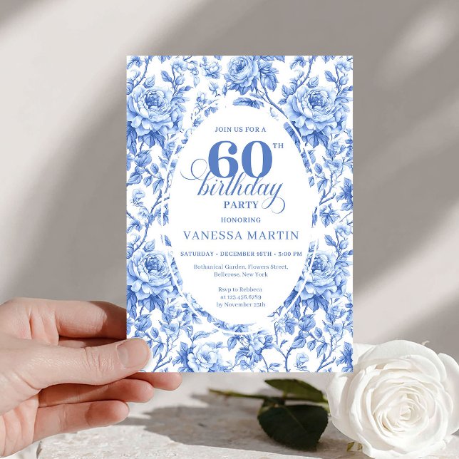 Chic Royal Blue Toile Roses 60th Birthday Invite  (Chic Royal Blue Toile Roses 60th Birthday Invite PDF

)