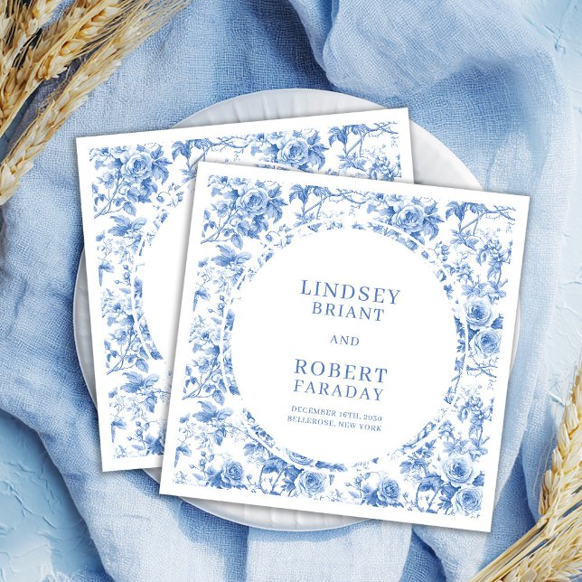 Chic Royal Blue Toile Roses Personalized Wedding  Napkins (Chic Royal Blue Toile Roses Personalized Wedding Napkins)