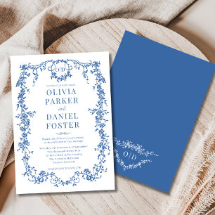 Chic Royal Blue Victorian French Wedding Monogram Invitation