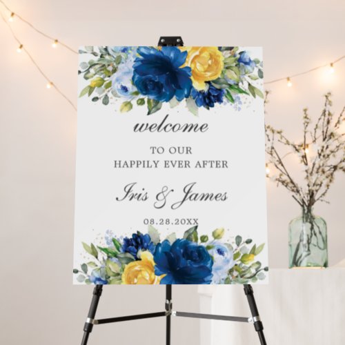 Chic Royal Blue Yellow Floral Wedding Welcome  Foam Board