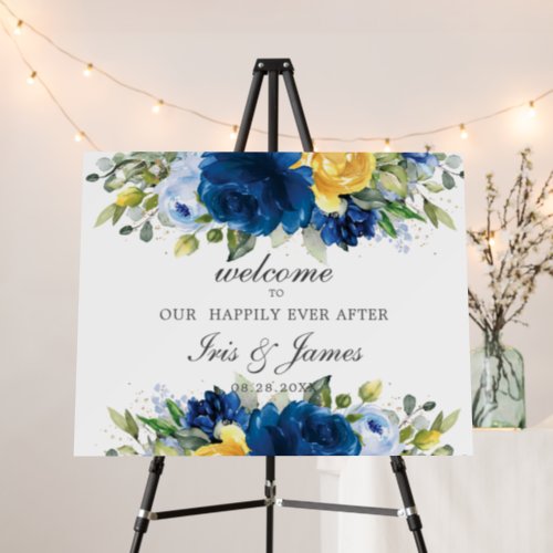 Chic Royal Blue Yellow Floral Wedding Welcome  Foam Board