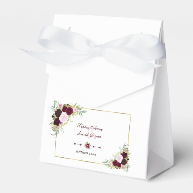Chic Royal Burgundy Marsala Floral Wedding Favor Boxes (Front Side)