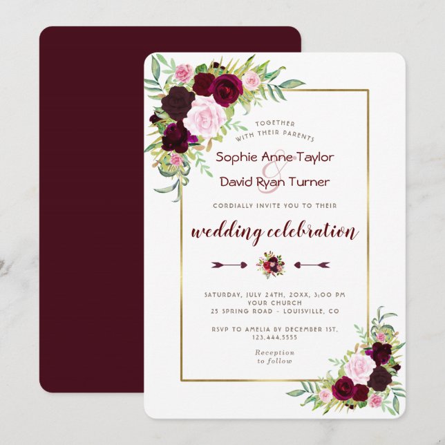 Chic Royal Burgundy Marsala Floral Wedding Invitation (Front/Back)