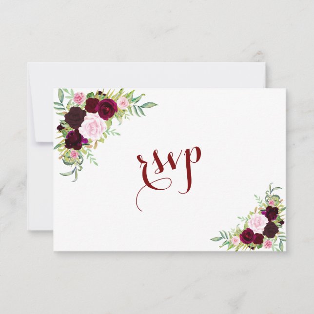 Chic Royal Burgundy Marsala Floral Wedding RSVP (Front)