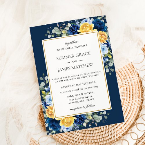 Chic Royal Dusty Navy Blue Yellow Floral Wedding Invitation