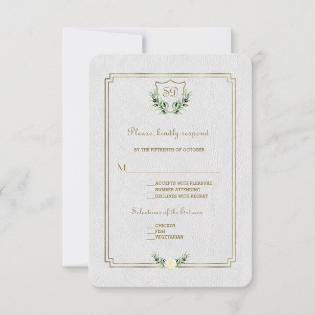 Chic Royal Gold Crest Lush Greenery Wedding RSVP (Front)
