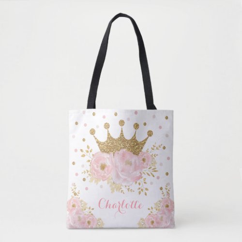 Chic Royal Gold Crown  Blush Pink Floral Princess Tote Bag