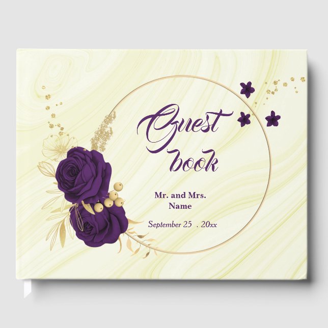 chic royal purple floral gold leaves geometric guest book (Front)