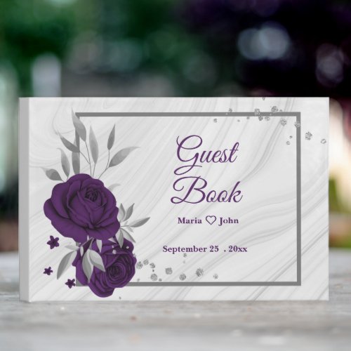 chic royal purple floral silver leaves geometric guest book