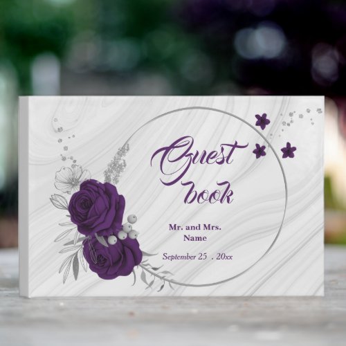 chic royal purple floral silver leaves geometric guest book