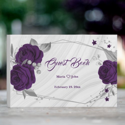 chic royal purple floral silver leaves geometric guest book