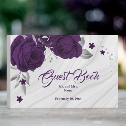 chic royal purple floral silver leaves guest book