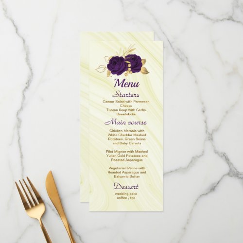 chic royal purple gold floral wedding menu