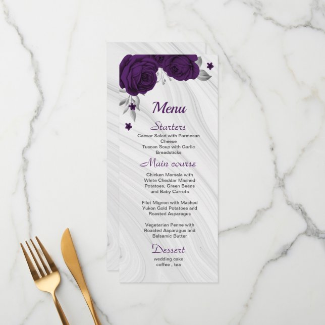 chic royal purple silver gray floral wedding menu (Front/Back In Situ)
