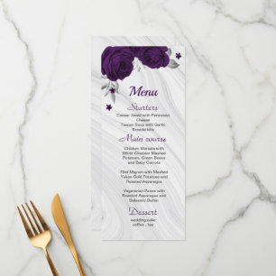 chic royal purple silver gray floral wedding menu