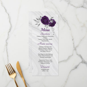 chic royal purple silver gray floral wedding menu