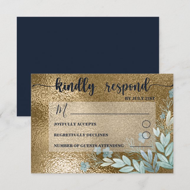 Chic RSVP Navy and Gold Foliage Wedding (Front/Back)