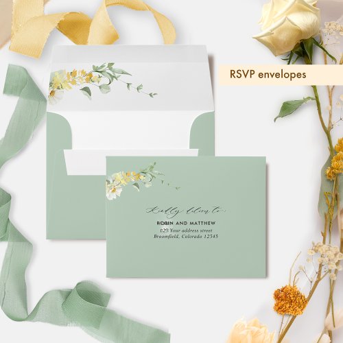 Chic RSVP with Return Address Yellow Floral Green Envelope