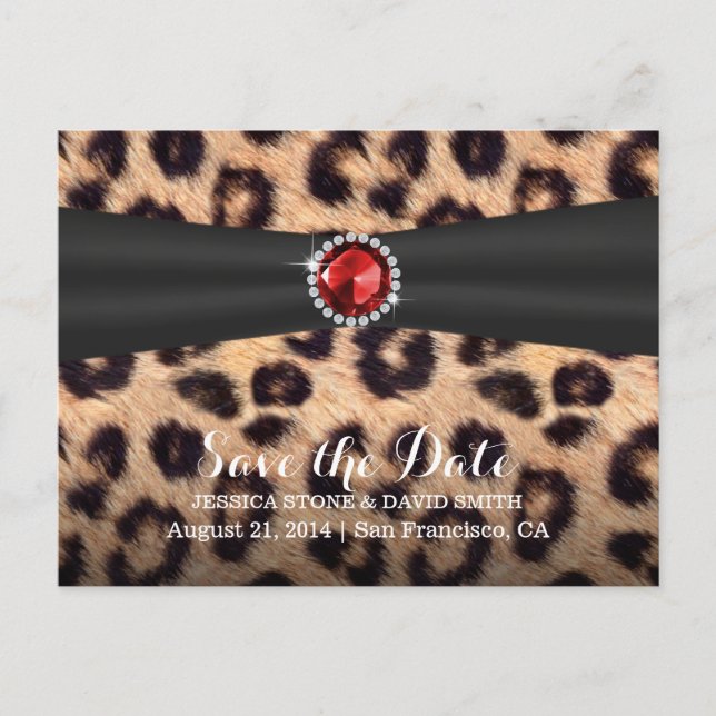Chic Ruby Gemstone Leopard Print Save the Date Announcement Postcard (Front)