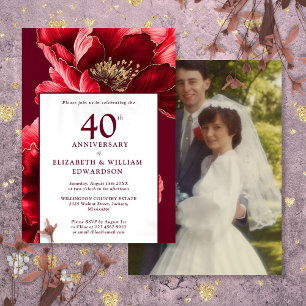 Chic Ruby Red Floral 40th Anniversary Photo Invitation