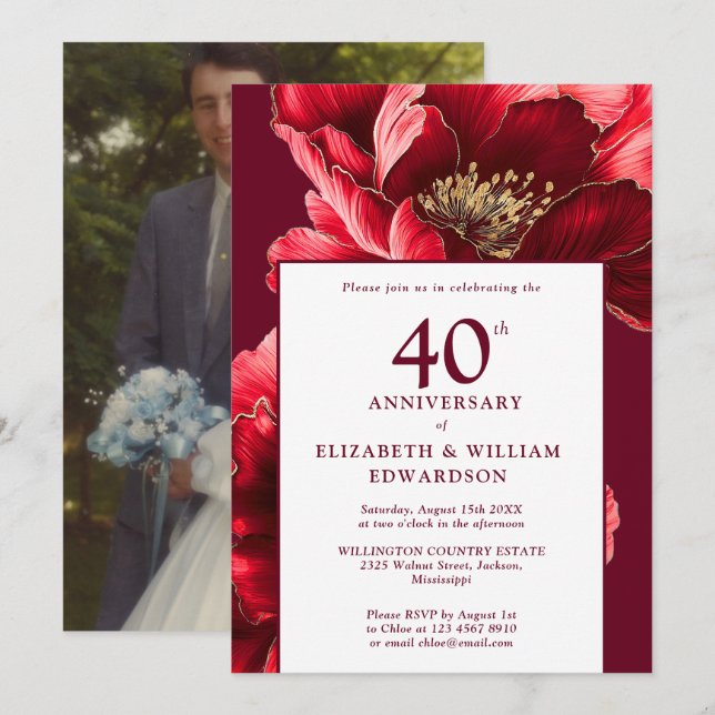 Chic Ruby Red Floral 40th Anniversary Photo Invitation (Front/Back)