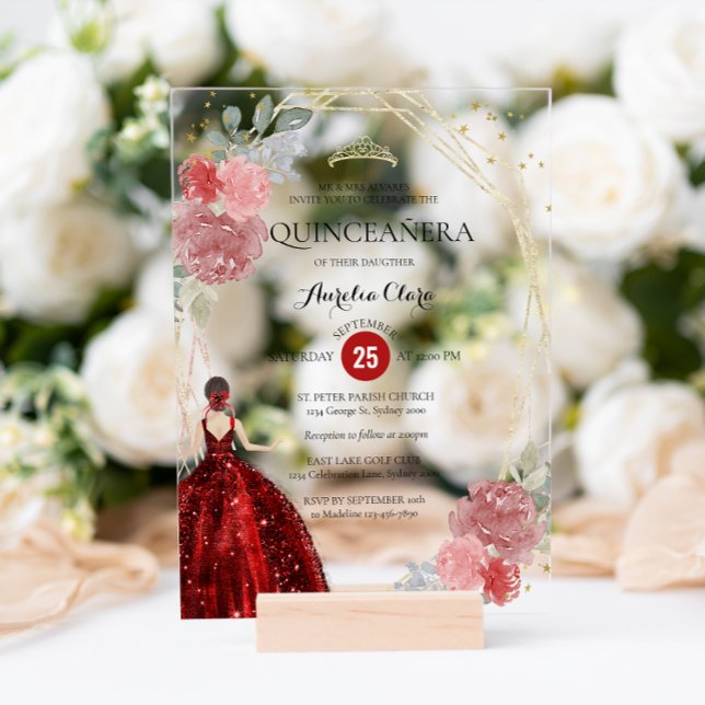 Chic Ruby Red Floral Geometric Quinceañera Acrylic Invitations (Creator Uploaded)