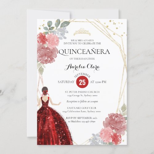 Chic Ruby Red Floral Geometric Quinceaera Invitation