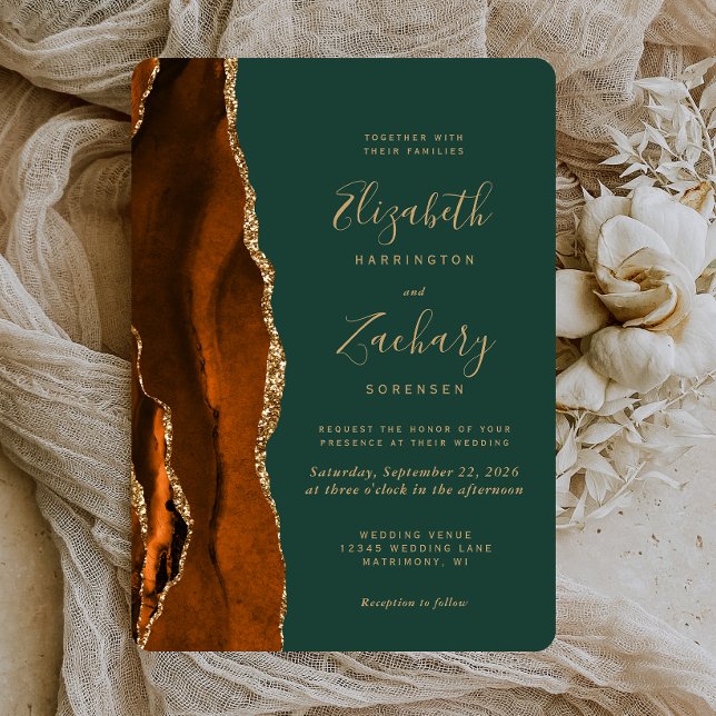 Chic Rust Gold Agate Dark Green Rounded Wedding Invitation (Creator Uploaded)