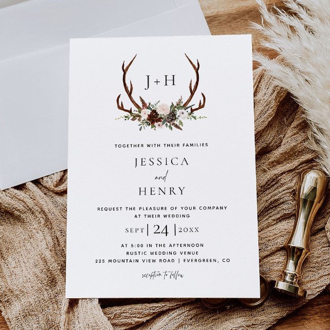 Chic Rustic Antlers Boho Wedding Invitation (Creator Uploaded)
