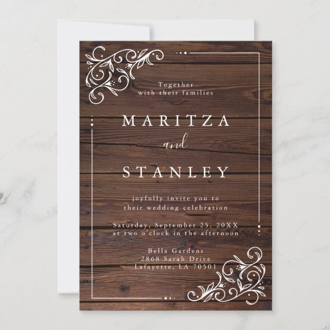 Chic Rustic Barn Woodsy White Script Wedding Invitation (Front)